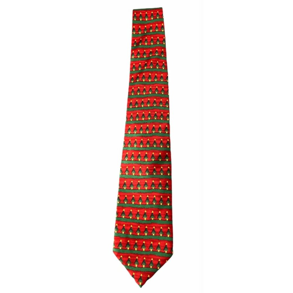 Christmas Tree Farm Tie Alynn Mens Neck Tie 100% Silk Red Green Gold Christmas E